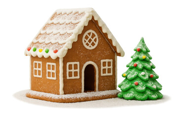Gingerbread house and christmas tree candy creation standing on white icing, celebrating winter holiday traditions