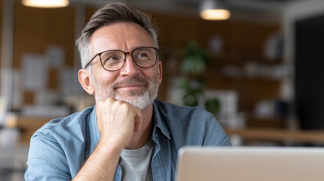 happy mature business man executive manager looking at laptop computer watching online webinar or having remote virtual meeting video conference call negotiation corporate training working in office