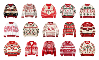 PNG Festive colorful knitted holiday sweaters, element set on transparent background
