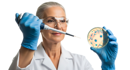 Mature scientist examining petri dish isolated on transparent background