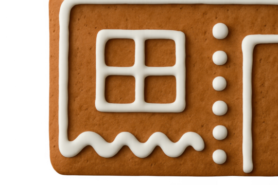 Gingerbread house wall with icing decorations and window on transparent background, symbolizing christmas holiday baking