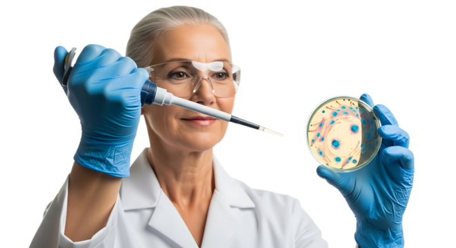 Mature scientist examining petri dish isolated on transparent background