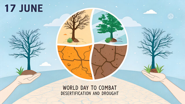 World day to combat desertification and drought with cracked earth, trees, and hands holding plants