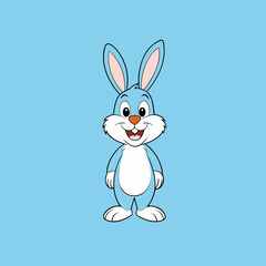 Cheerful blue cartoon bunny with big ears and a friendly smile stands on a blue background