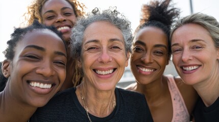 happy multi generational women having fun together  multiracial friends smiling on camera after sport workout outdoor  main focus on african female face no logos no brands ar 169