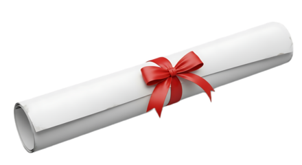 A white rolled document tied with a red ribbon displayed on a black background in a studio shot