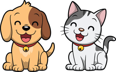 Cute cartoon dog and cat sitting together smiling happily, adorable pet friendship vector illustration for kids, fun animal design art