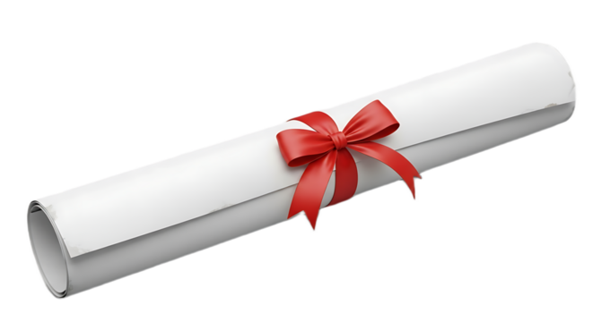 A white rolled document tied with a red ribbon displayed on a black background in a studio shot