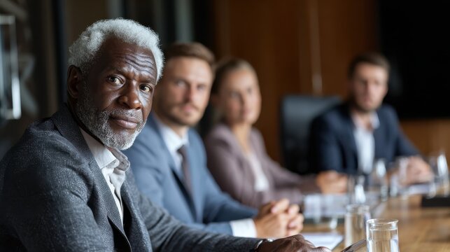mature mentor manager speaking at executive team meeting in boardroom male leader training executive team at board briefing multicultural professional business people discussing strategy in office no