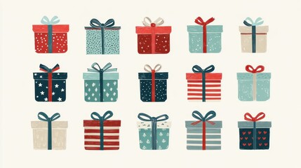 A collection of ten stylized, illustrated gift boxes wrapped with patterned paper and bows, featuring a color palette of red, blue, and teal on a light textured background.