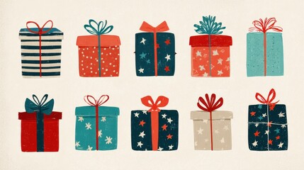A collection of ten stylized, illustrated gift boxes wrapped with patterned paper and bows, featuring a color palette of red, blue, and teal on a light textured background.