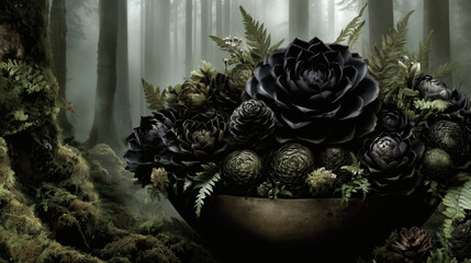 Black Succulent Bouquet in Mossy Forest, Gothic Still Life
