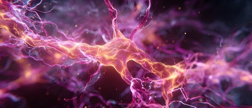 Glowing neural network sparks with energy and light in abstract darkness.