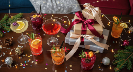 Festive cocktails and gift on wooden table with Christmas decorations, conveying joy and celebration during holiday season.