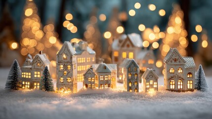 A close-up of a festive miniature Christmas village display featuring illuminated ceramic houses and frosted trees set in artificial snow, with warm bokeh lights in the background.