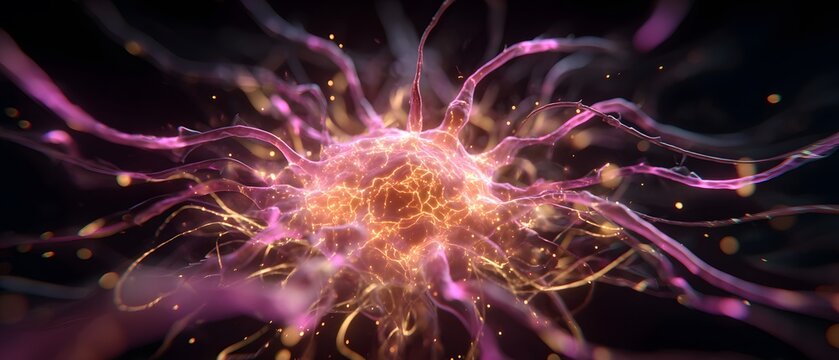 Glowing neural network with purple tendrils sparks against dark background.