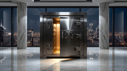 Modern Safe in Marble Room with Illuminated City Buildings Background Luxury and Security