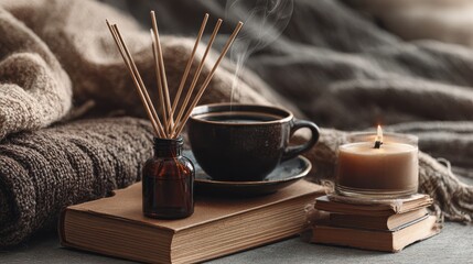 hygge and aromatherapy concept  coffee candles book and aroma reed diffuser on table at home no logos no brands ar 169