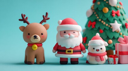 A cute, illustrative scene with clay-like figurines of Santa Claus and a reindeer standing next to a stylized Christmas tree and a small gift on a light blue background.