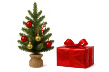 Small christmas tree decorating with ornaments and candy cane, red gift box nearby, holiday celebration