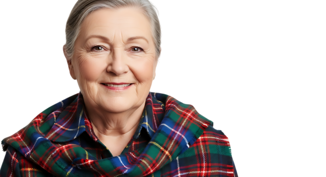 Smiling mature woman with plaid scarf isolated on transparent background