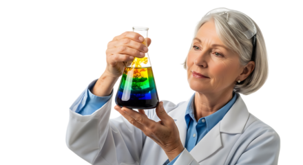 Senior scientist examining colorful liquid in flask isolated on transparent background