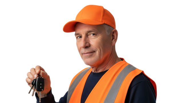 Man in orange vest and cap holding keys isolated on transparent background