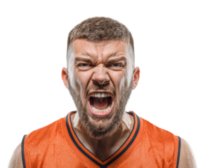 Intense basketball player yelling sports arena portrait high energy isolated on transparent background