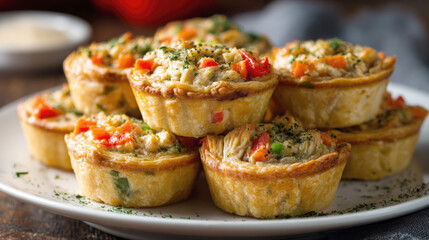 stack of golden, flaky mini chicken pot pies (muffin-sized). Savory filling, visible on top, contains chicken, carrots, peas, garnished with parsley. Served on white plate as delicious snack