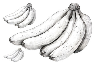 Hand-drawn bunch of ripe bananas and separate fruits in a stylized sketch art format isolated on transparent background
