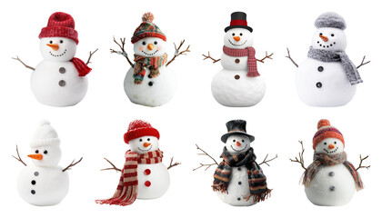 PNG Charming snowmen with winter accessories, element set on transparent background