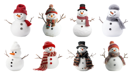 PNG Charming snowmen with winter accessories, element set on transparent background