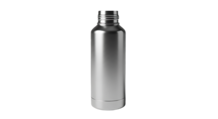 A shiny metal water bottle with an open top sits against a stark black background in a studio setting