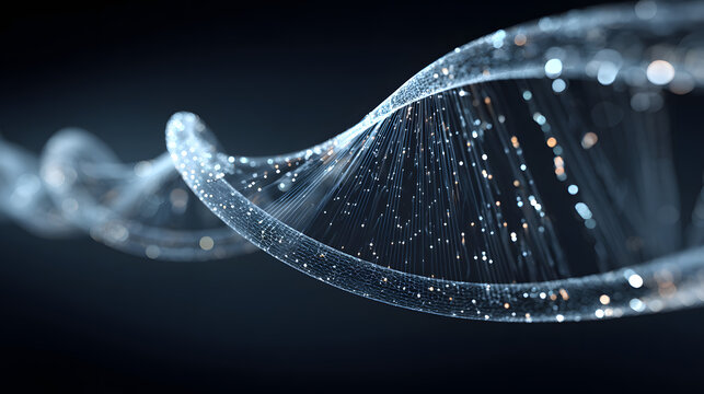 Glowing digital helix structure with bright particles on dark background.
