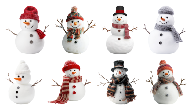 PNG Charming snowmen with winter accessories, element set on transparent background