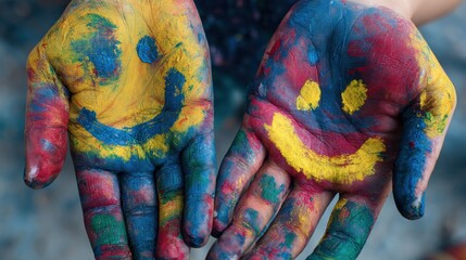 image of human hands in colorful paint with smiles no logos no brands ar 169