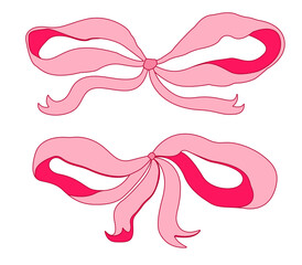 A set of a pair of pink whimsical bows. Vector linear illustration on a white background. Whimsical style. Retro illustration with outline.