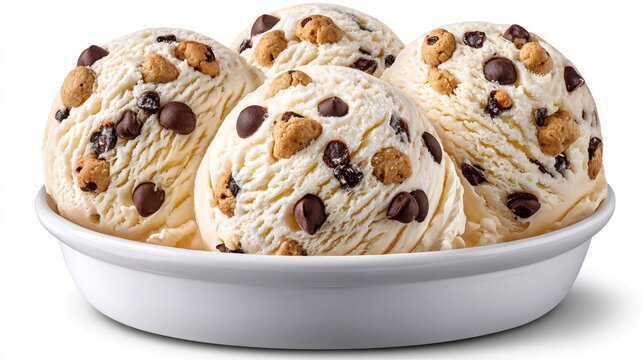 Cookie dough ice cream scoops in white bowl