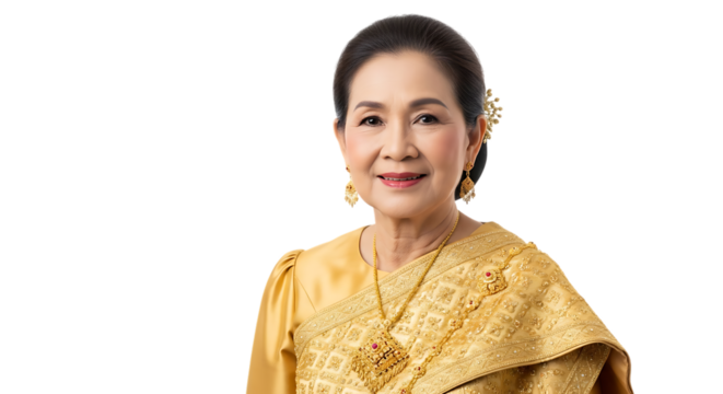 Elegant older woman in traditional golden dress isolated on transparent background - Powered by Adobe