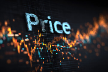 Glowing white 3D rendering of the word "Price" floating above a dark, abstract digital screen showing dynamic, volatile financial bar charts and data points in orange and blue.
