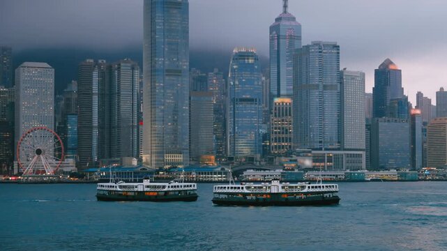 two ferry boats at sunset time, Hong Kong
