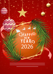 Happy new year 2026 celebration greeting card design with festive decorations and red background. 2026 happy new year card cover template.