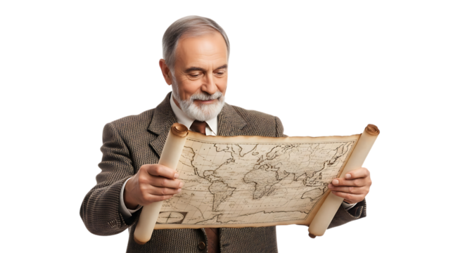 Senior man holding map isolated on transparent background