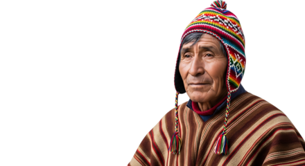 Portrait of an elderly peruvian man isolated on transparent background