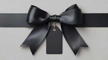 Decorative horizontal black ribbon with bow and hanging tag for promotional layout