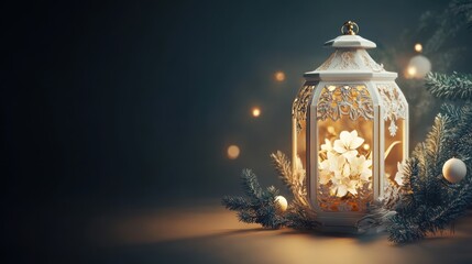 Fototapeta premium Elegant christmas lantern casting a warm glow amidst snowy pine branches and bokeh lights