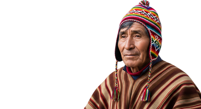 Portrait of an elderly peruvian man isolated on transparent background