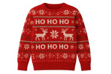 Red christmas sweater displaying reindeer, snowflakes, and 'ho ho ho' lettering, celebrating festive holiday cheer
