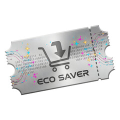 Metal coupon digital coupon discount voucher shopping cart icon binary code eco saver metallic ticket ecommerce savings barcode Sleek metal coupon
