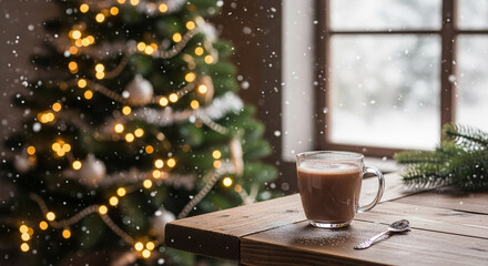 Christmas tree with lights and cup of cocoa on wooden table, snow falling outside, representing winter holiday, cozy mood, and festive celebration